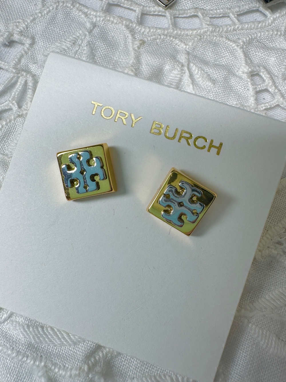 Tory Burch Gold and Light Blue Enamel Logo Square Studs